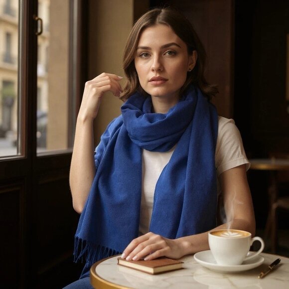 100% Cashmere Fringed Pashmina Firenze Italy Royal Blue Scarf Shawl Wrap - Picture 1 of 10